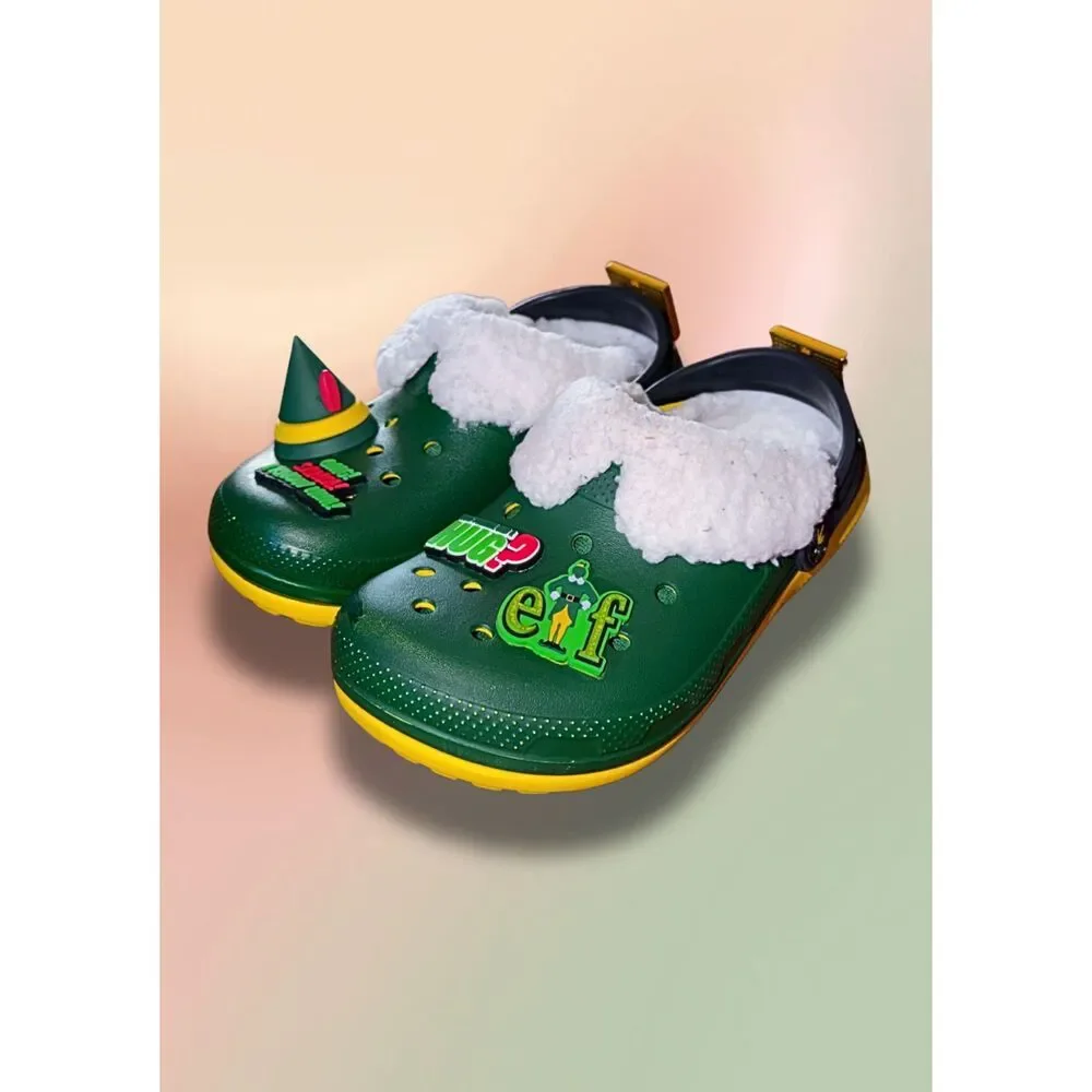 Crocs Classic Lined Elf Holiday Clogs Kids C13 Green Christmas Jibbitz